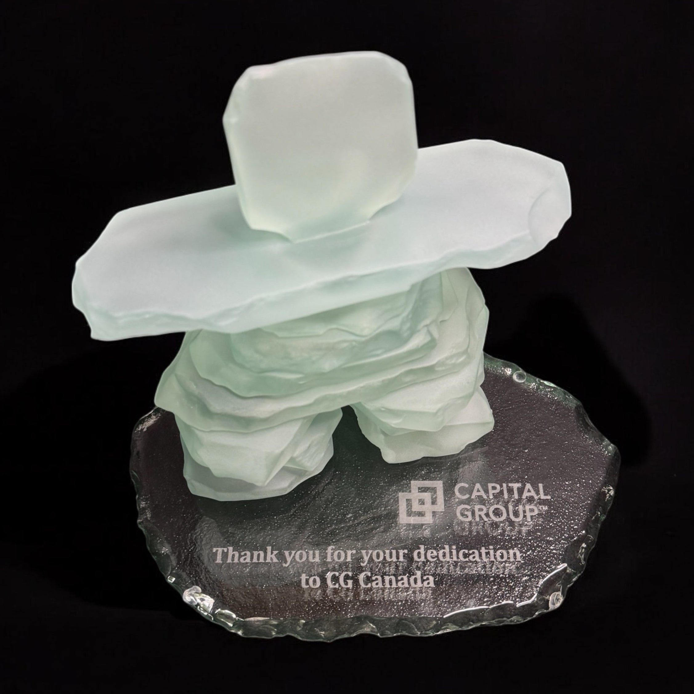Frosted Glass Inukshuk on glass base