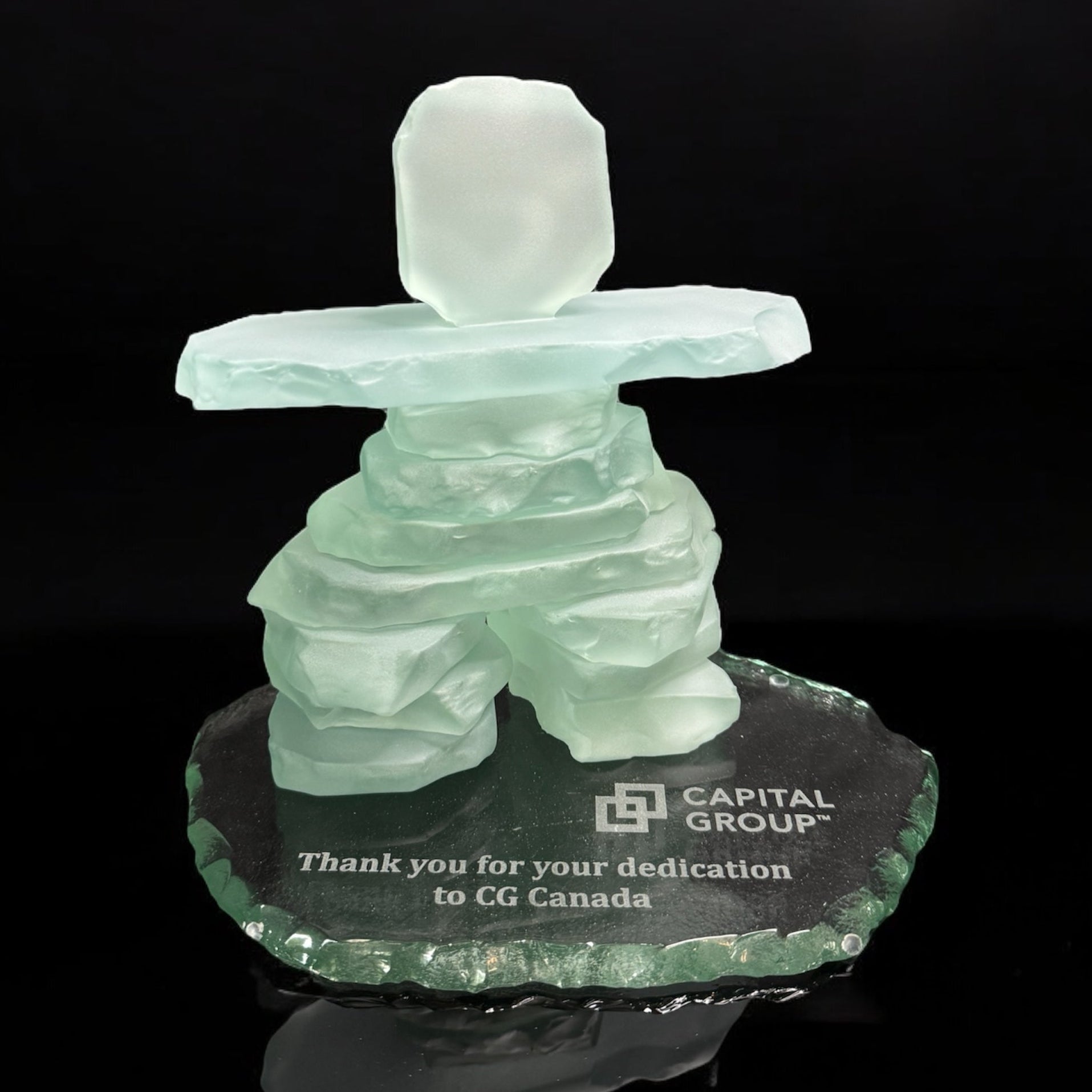 Frosted Glass Inukshuk on glass base