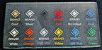 Color swatch card with various brand logos and color options on a black background