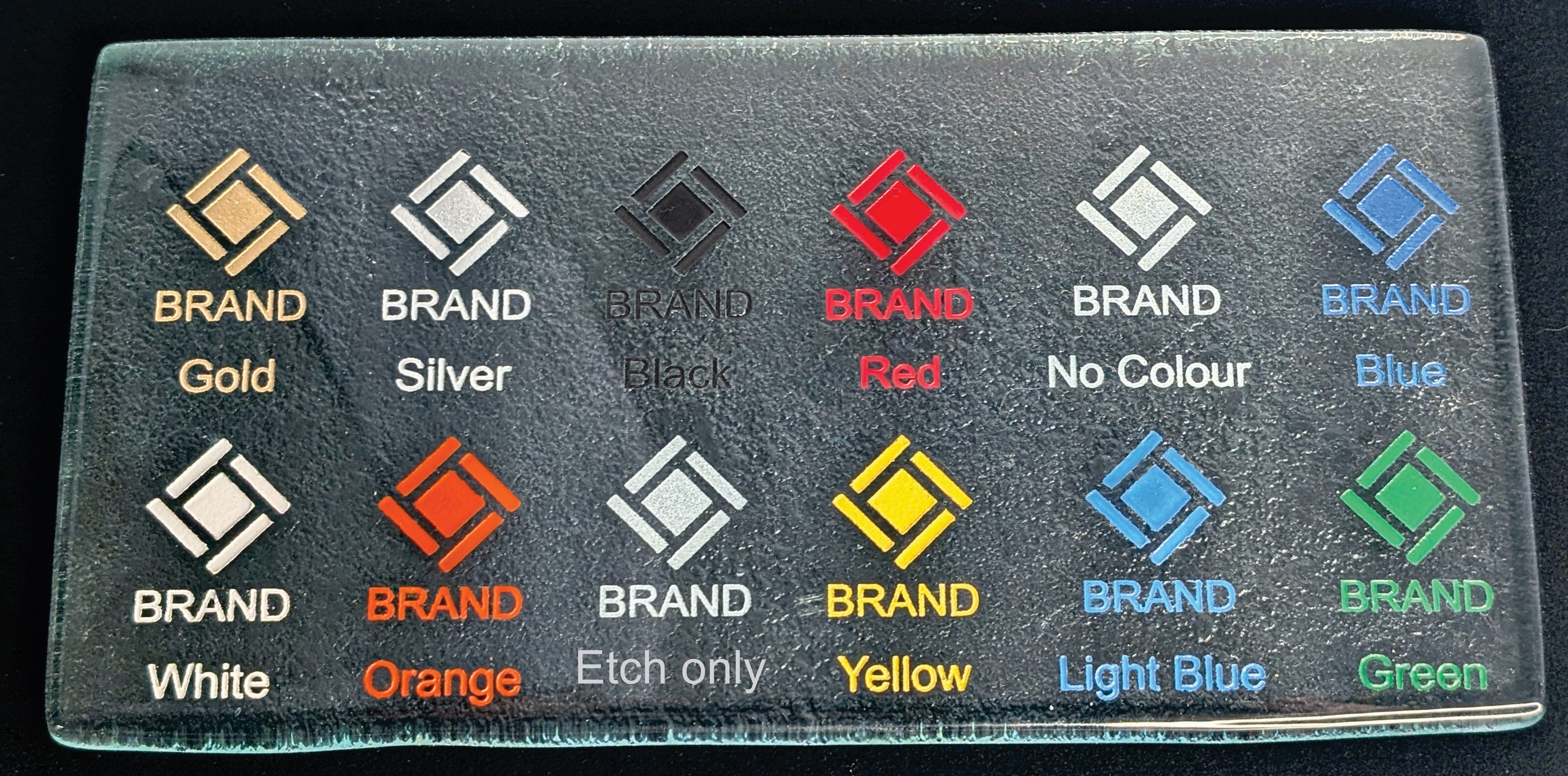Color swatch card with various brand logos and color options on a black background