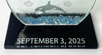 Glass award with a whale design and 'September 3, 2025' text on a black base.